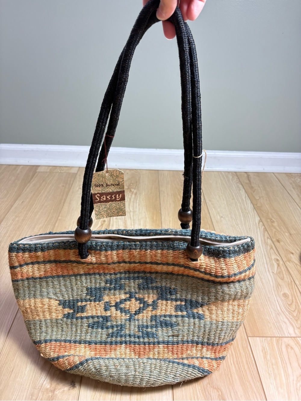 Vintage Boho Jute Striped Woven Tote in Blue, Tan Read Details